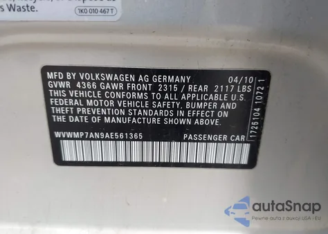 2010 Volkswagen Cc Sport z USA, uszkodzony, nr VIN WVWMP7AN9AE561365